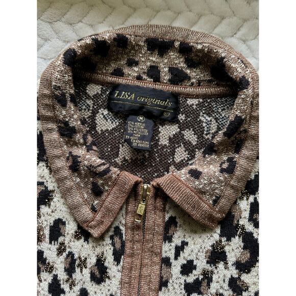 Lisa Originals Animal Print Full Zip Sweater Collared Cardigan - Picture 2 of 5